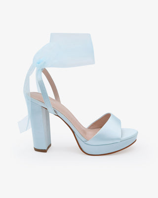 Light Blue Satin Platform Block Heel Wedding Sandals with Wrapped Sheer Ribbon Tie