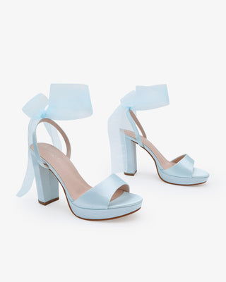 Light Blue Satin Platform Block Heel Wedding Sandals with Wrapped Sheer Ribbon Tie