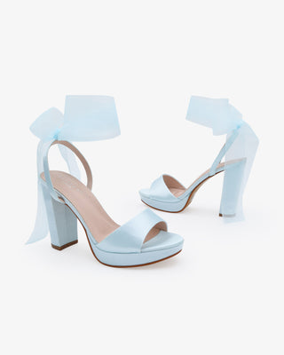 Light Blue Satin Platform Block Heel Wedding Sandals with Wrapped Sheer Ribbon Tie