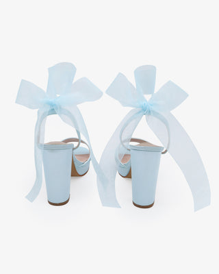 Light Blue Satin Platform Block Heel Wedding Sandals with Wrapped Sheer Ribbon Tie