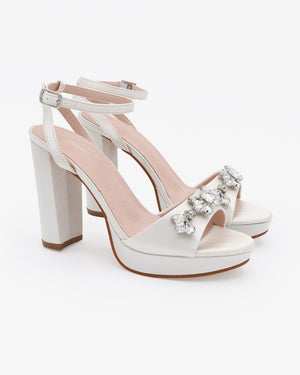 Satin Platform Block Heel Wedding Sandals with Navette Rhinestones