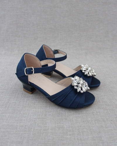 Navy Satin Heel Sandals with Rhinestone Brooch