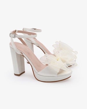 Satin Platform Block Heel Wedding Sandals with Layered Organza Bow