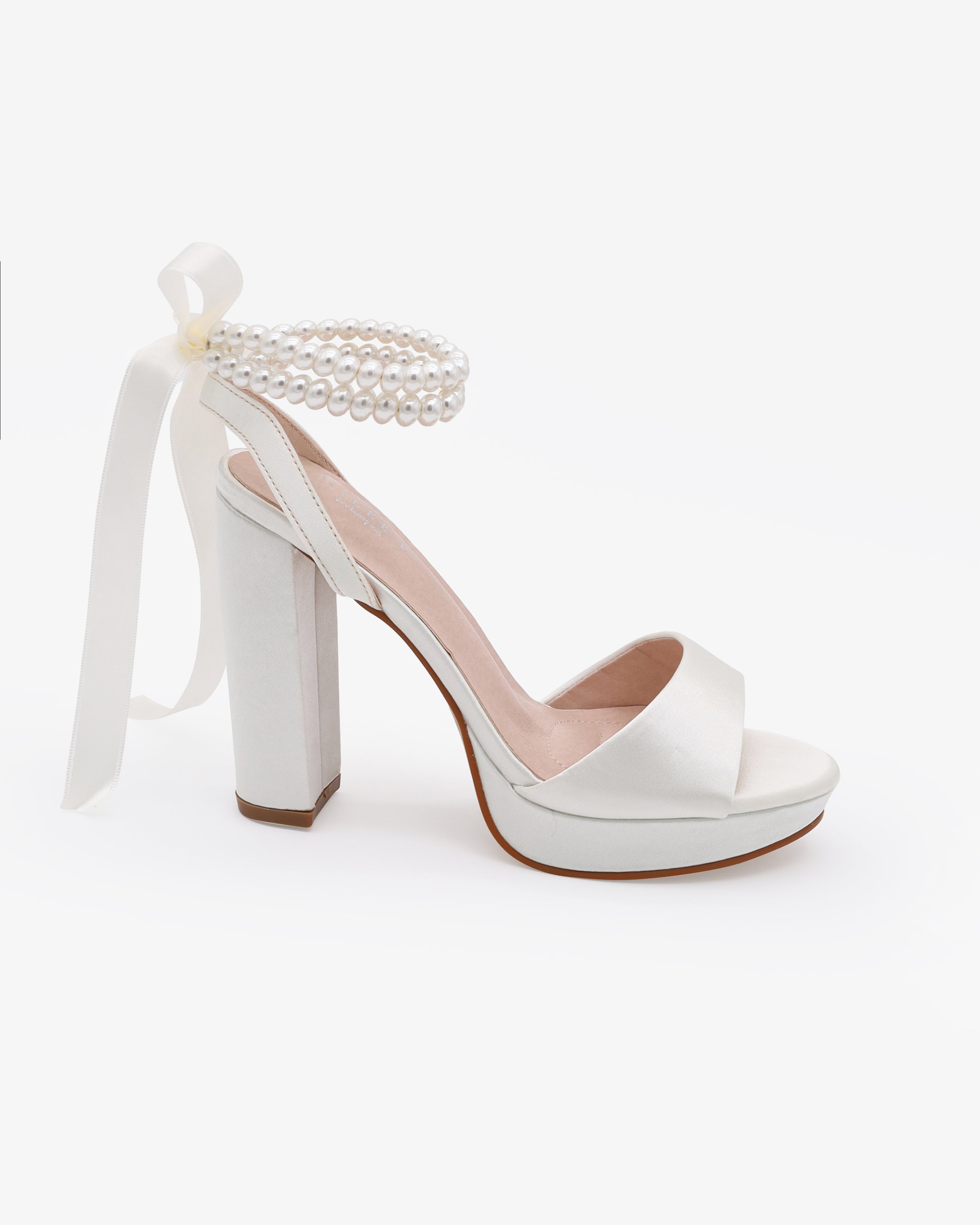 Satin Platform Block Heel Wedding Sandals with Double Pearls Strap Satin Platform Block Heel Wedding Sandals with Double Pearls Strap