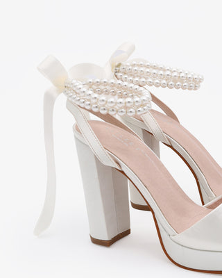 Ivory Satin Platform Block Heel Wedding Sandals with Double Pearls Ankle Strap