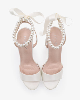 Ivory Satin Platform Block Heel Wedding Sandals with Double Pearls Ankle Strap