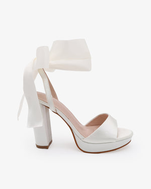 Satin Platform Block Heel Wedding Sandals with Wrapped Ribbon Tie