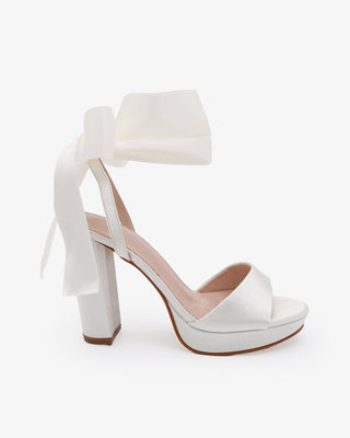 Ivory Satin Platform Block Heel Wedding Sandals with Wrapped Satin Ribbon Tie