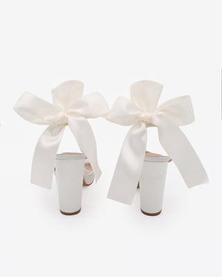 Ivory Satin Platform Block Heel Wedding Sandals with Wrapped Satin Ribbon Tie