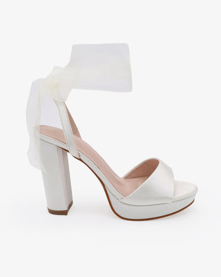 Ivory Satin Platform Block Heel Wedding Sandals with Wrapped Sheer Ribbon Tie