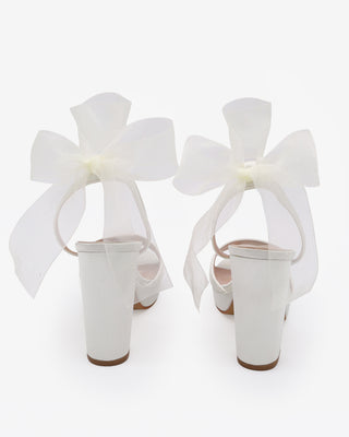 Ivory Satin Platform Block Heel Wedding Sandals with Wrapped Sheer Ribbon Tie