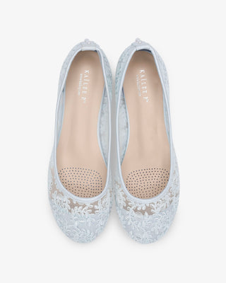 Light Blue Crochet Lace Round Toe Wedding Flats with Back Pearls