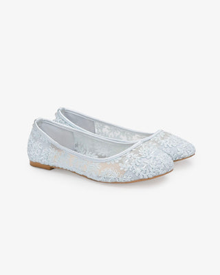 Light Blue Crochet Lace Round Toe Wedding Flats with Back Pearls