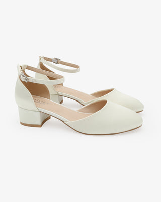 Ivory Round Toe Satin Low Block Heel with Ankle Strap