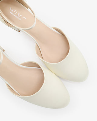 Ivory Round Toe Satin Low Block Heel with Ankle Strap