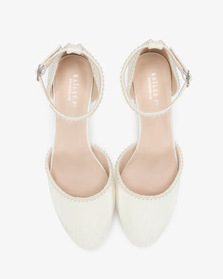 Ivory Lace Round Toe Low Block Heel Wedding Shoes with Mini Pearls