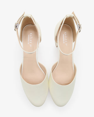 Ivory Round Toe Satin Low Block Heel with Ankle Strap