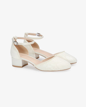 Lace Round Toe Low Block Heel Wedding Shoes with Mini Pearls