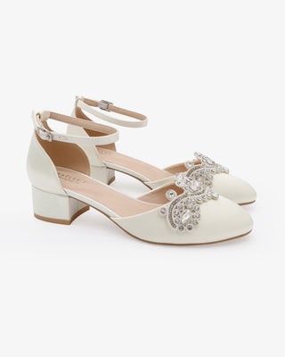 Ivory Round Toe Satin Low Block Heel with Small Rhinestones Applique