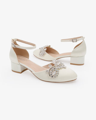 Ivory Round Toe Satin Low Block Heel with Small Rhinestones Applique