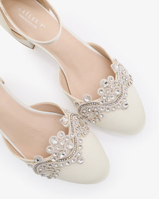 Ivory Round Toe Satin Low Block Heel with Small Rhinestones Applique