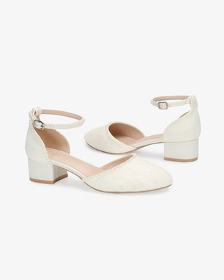 Ivory Lace Round Toe Low Block Heel Wedding Shoes with Mini Pearls