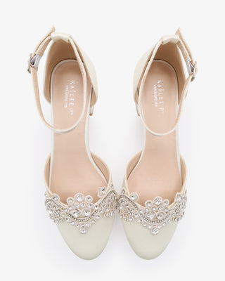 Ivory Round Toe Satin Low Block Heel with Small Rhinestones Applique