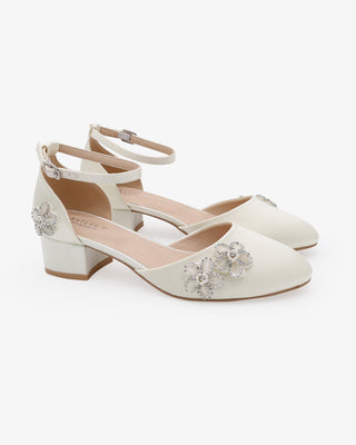 Ivory Round Toe Satin Low Block Heel with Rhinestones Chassia Flower