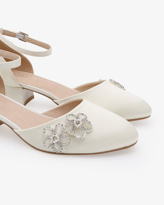 Ivory Round Toe Satin Low Block Heel with Rhinestones Chassia Flower