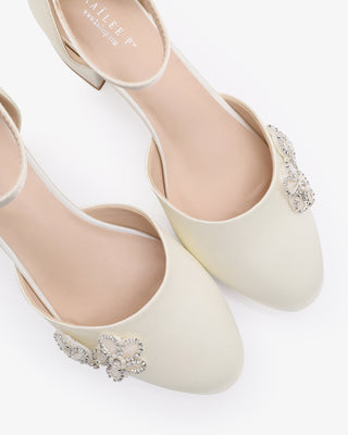 Ivory Round Toe Satin Low Block Heel with Rhinestones Chassia Flower