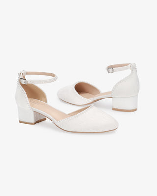 White Lace Round Toe Low Block Heel Wedding Shoes with Mini Pearls