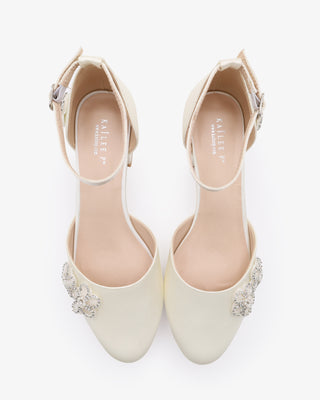 Ivory Round Toe Satin Low Block Heel with Rhinestones Chassia Flower