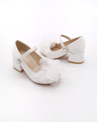 Girls Satin Mary Jane Block Heel with Ophelia Flowers