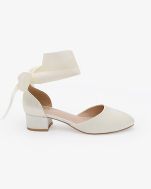Round Toe Satin Low Block Heel with Wrapped Ribbon Tie
