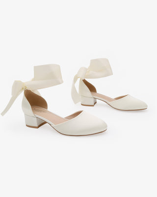 Ivory Round Toe Satin Low Block Heel with Wrapped Satin Tie