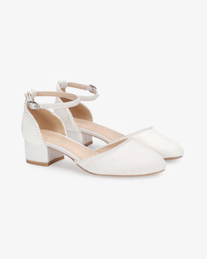 Lace Round Toe Low Block Heel Wedding Shoes with Mini Pearls