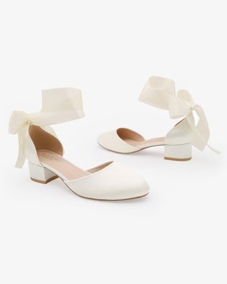 Ivory Round Toe Satin Low Block Heel with Wrapped Satin Tie