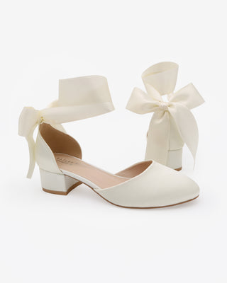 Ivory Round Toe Satin Low Block Heel with Wrapped Satin Tie