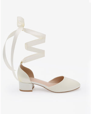Round Toe Satin Low Block Heel with Ballerina Lace Up