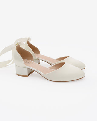Ivory Round Toe Satin Low Block Heel with Ballerina Lace Up
