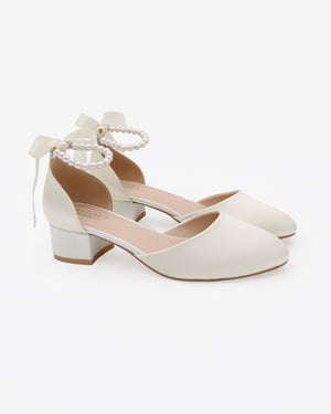 Round Toe Satin Low Block Heel with All Pearls Ankle Strap