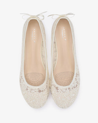 Ivory Crochet Lace Round Toe Wedding Flats with Back Dainty Bow