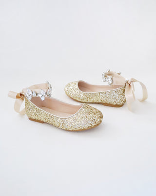 Rock Glitter Ballet Flats with Navette Cluster Rhinestones Strap
