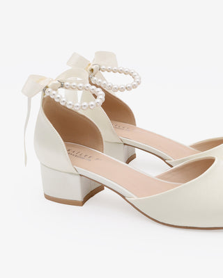 Ivory Round Toe Satin Low Block Heel with All Pearls Ankle Strap