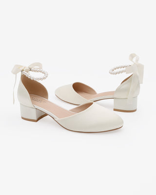 Ivory Round Toe Satin Low Block Heel with All Pearls Ankle Strap