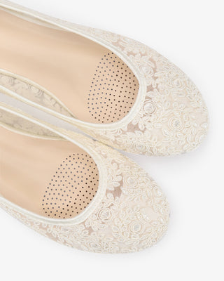 Ivory Crochet Lace Round Toe Wedding Flats with Back Dainty Bow