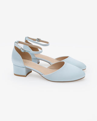 Light Blue Round Toe Satin Low Block Heel with Ankle Strap