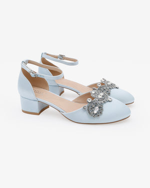 Round Toe Satin Low Block Heel with Small Rhinestones Applique