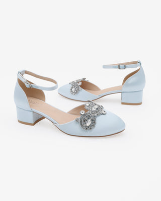 Light Blue Round Toe Satin Low Block Heel with Small Rhinestones Applique