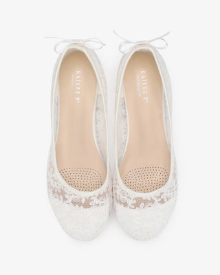 White Crochet Lace Round Toe Wedding Flats with Back Dainty Bow